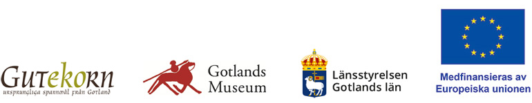Logotyper för Gutekorn, Gotlands Museum, Länstyrelsen i Gotlnads län och EU Strategiska planen.
